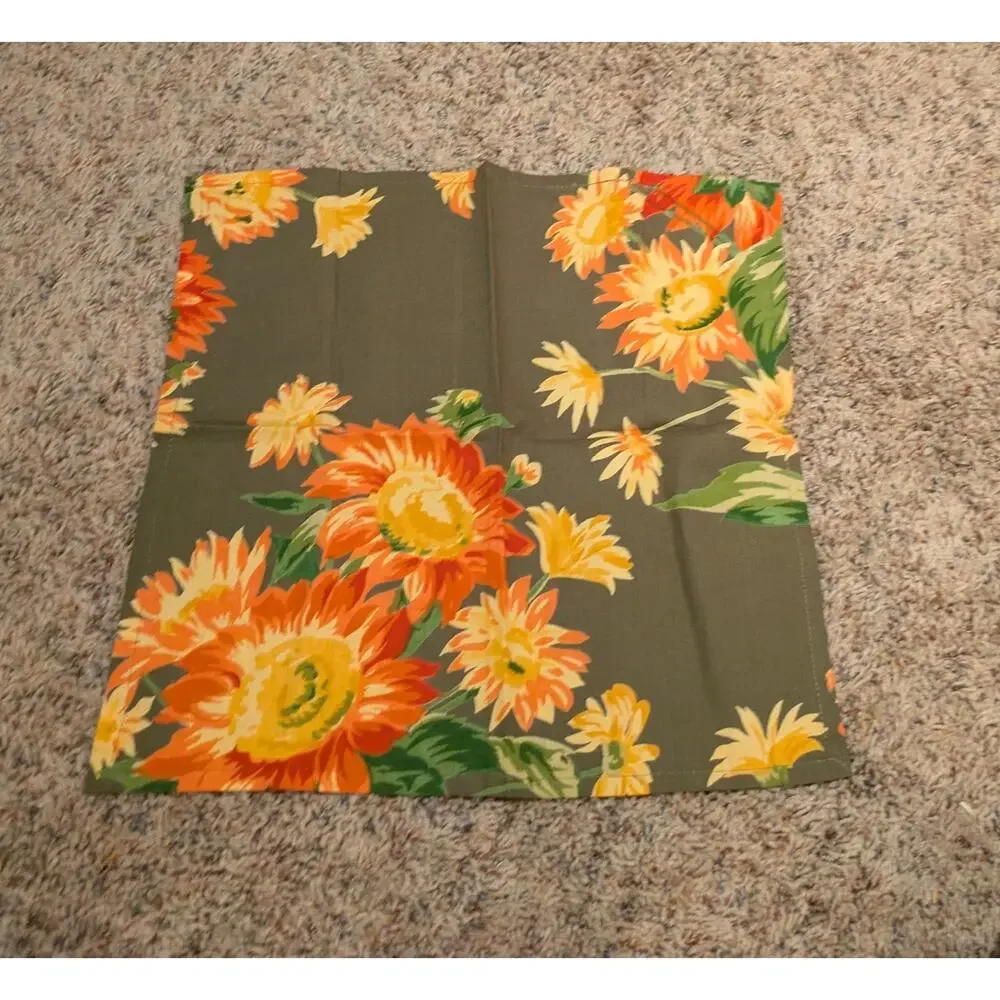 April Cornell Napkins Floral Green Black Cotton Square Lot 15x15